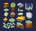 Euro and dollars money banknotes and coins. Bag of gold coins, money tree with bills, suitcase of money and wallet with paper Royalty Free Stock Photo