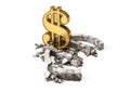 Euro exchange rate down. Gold dollar sign destroy concrete Euro symbol. Royalty Free Stock Photo