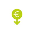 Euro fall vector icon. White dollar sign in green circle with arrow down. Flat icon. Isolated on white Royalty Free Stock Photo