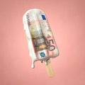 Euro inflation and depreciation concept. Melting ice cream with a euro bill