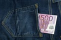 Euro in jeans pocket. Five hundred bill. 500 banknote