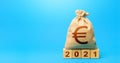 Euro money bag and blocks 2021. Budget planning for next year. Beginning of new decade. Revenues expenses, investment Royalty Free Stock Photo