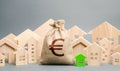 Euro money bag and a city of house figures. Buying real estate, fair price. City municipal budget. Property tax. Development and