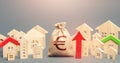 Euro money bag and a city of house figures and red up arrow. Recovery and growth in property prices, high demand