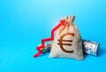 Euro money bag and red up arrow. Economic growth, GDP. Rise in profits, budget fees. Investments. Increase in the deposit rate. Royalty Free Stock Photo