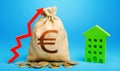 Euro money bag with red up arrow and residential building. Return on investment. Increase in prices for apartments and housing. Royalty Free Stock Photo