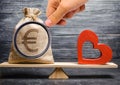 Euro money bag and red wooden heart on the scales. Money versus love concept. Passion versus profit. Family or career choice. Royalty Free Stock Photo
