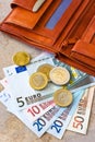 Euro money - banknotes and coins - in brown wallet Royalty Free Stock Photo