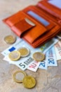 Euro money - banknotes and coins - in brown wallet Royalty Free Stock Photo