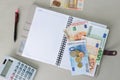 Euro money banknotes and coins counting with calculator, notebook and pen Royalty Free Stock Photo