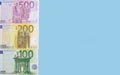 Euro money. banknotes of 100, 200, 500 euros on a blue background. View from above. Copy of space. Royalty Free Stock Photo