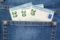 Euro money banknotes in a pocket of blue jeans close up Royalty Free Stock Photo