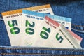 Euro money banknotes in a pocket of blue jeans close up Royalty Free Stock Photo