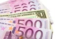 500 euro money banknotes versus 1 dollar isolated on a white Royalty Free Stock Photo