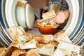 Euro money banknotes in a washing machine, closeup inside view.