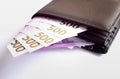 500 Euro money in brown wallet. Cash of euro currency. Bundle of Euro money. Europe money