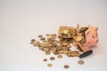 Euro money coins spilling out of a piggy bank on a white background. Savings, inflation, economy concept Royalty Free Stock Photo