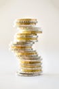 Euro money, currency. Success, wealth and poverty, poorness concept. Euro coins stack on grey background with copy space. Royalty Free Stock Photo