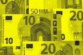 Euro money of different denominations duotone abstract background. Royalty Free Stock Photo