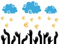 Euro Money falling from the clouds in the human hands Royalty Free Stock Photo