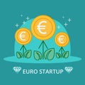 Euros money flowers set. Decorative plants on a blue background. Vector illustration.