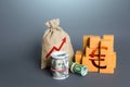 Euro money with goods and an arrow up. Growing profits. Increasing consumption, trade balance. High sales. Import export. Increase Royalty Free Stock Photo