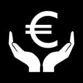 Euro money and hands. Take care money sign white on black background