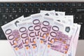 Euro money with laptop on the table the view from the top Royalty Free Stock Photo