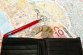 Euro money Map and red pen Royalty Free Stock Photo