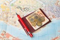 Euro money passport Map and red pen Royalty Free Stock Photo