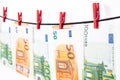 Euro money with red clothes pegs on rope. Money Laundering euro hung out to dry. Isolated euro money on string Royalty Free Stock Photo