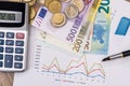 Euro notes above business graph, pen Royalty Free Stock Photo