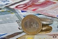 Close-up of Euro paper currency and coins Royalty Free Stock Photo