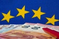 Euro notes and red pencil, EU flag Royalty Free Stock Photo