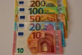 10, 20, 50, 100, 200 euro notes stacked Royalty Free Stock Photo