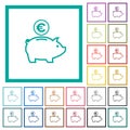 Euro piggy bank flat color icons with quadrant frames