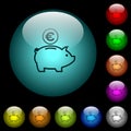 Euro piggy bank icons in color illuminated glass buttons
