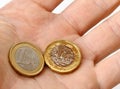 Euro and pound coins in palm of hand
