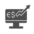 Euro rate increase on computer monitor solid icon, business strategy concept, Euro market monitoring sign on white Royalty Free Stock Photo