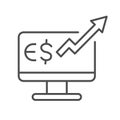 Euro rate increase on computer monitor thin line icon, business strategy concept, Euro market monitoring sign on white Royalty Free Stock Photo