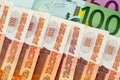 100, 500 euro and 5000 russian roubles Royalty Free Stock Photo