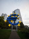 Euro sculpture sign money currency symbol at Eurotower former European Central Bank in Frankfurt am Main Hesse Germany