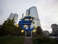 Euro sculpture sign money currency symbol at Eurotower former European Central Bank in Frankfurt am Main Hesse Germany