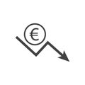 Euro sign with down arrow icon. Gain loss. Vector illustration.