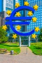 Euro sign in front of Eurotower in Frankfurt, Germany