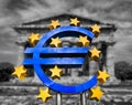 Euro sign in front of Greek temple in black and white Royalty Free Stock Photo