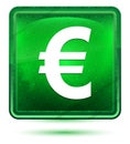 Euro sign icon neon light green square button Royalty Free Stock Photo