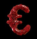 Euro sign made of plastic shards red color isolated on black background. 3d Royalty Free Stock Photo
