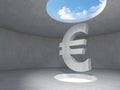 Euro sign over the light hole space on floor up to the sky in concrete room.