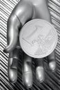 Euro silver coin futuristic metallic silver hand